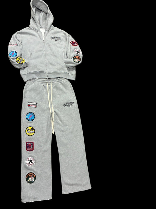 New Outlaw Denim Embroidered Patch Zip Up Hoodie And Sweatpants Set