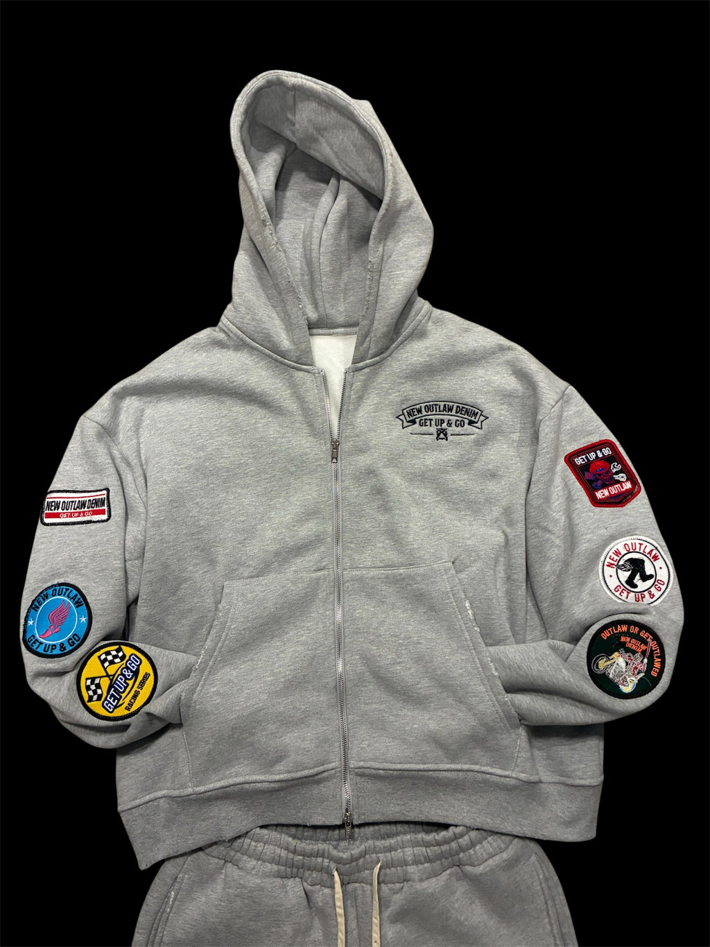New Outlaw Denim Embroidered Patch Zip Up Hoodie And Sweatpants Set